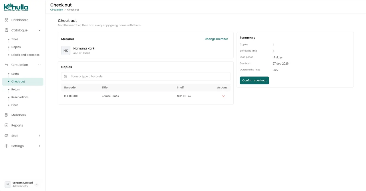 Khulla check-out screen with a member selected, a copy added by barcode, the due date and outstanding fines